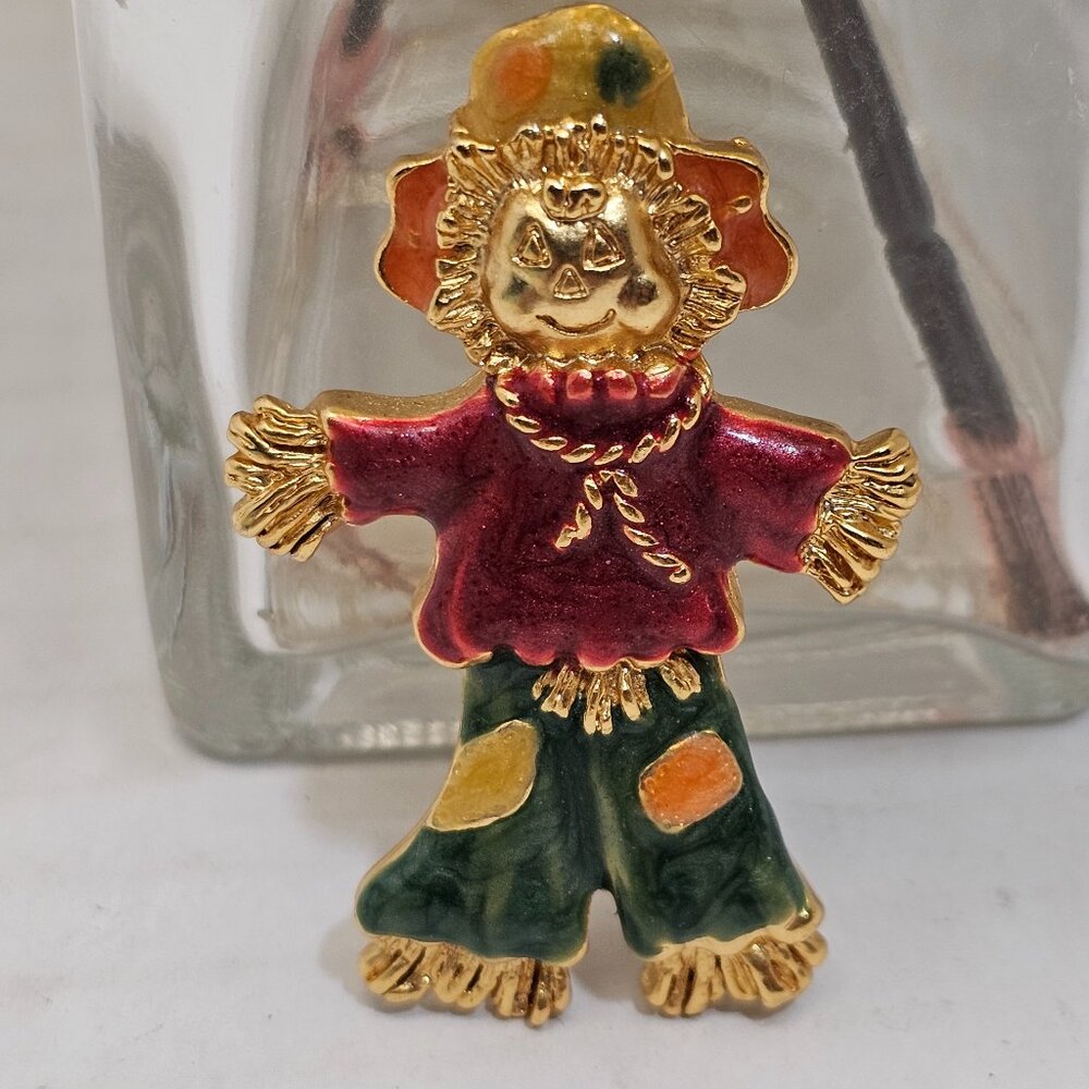 Vintage Scarecrow Brooch Pin Fall Jewelry Gold Tone Enamel Metal